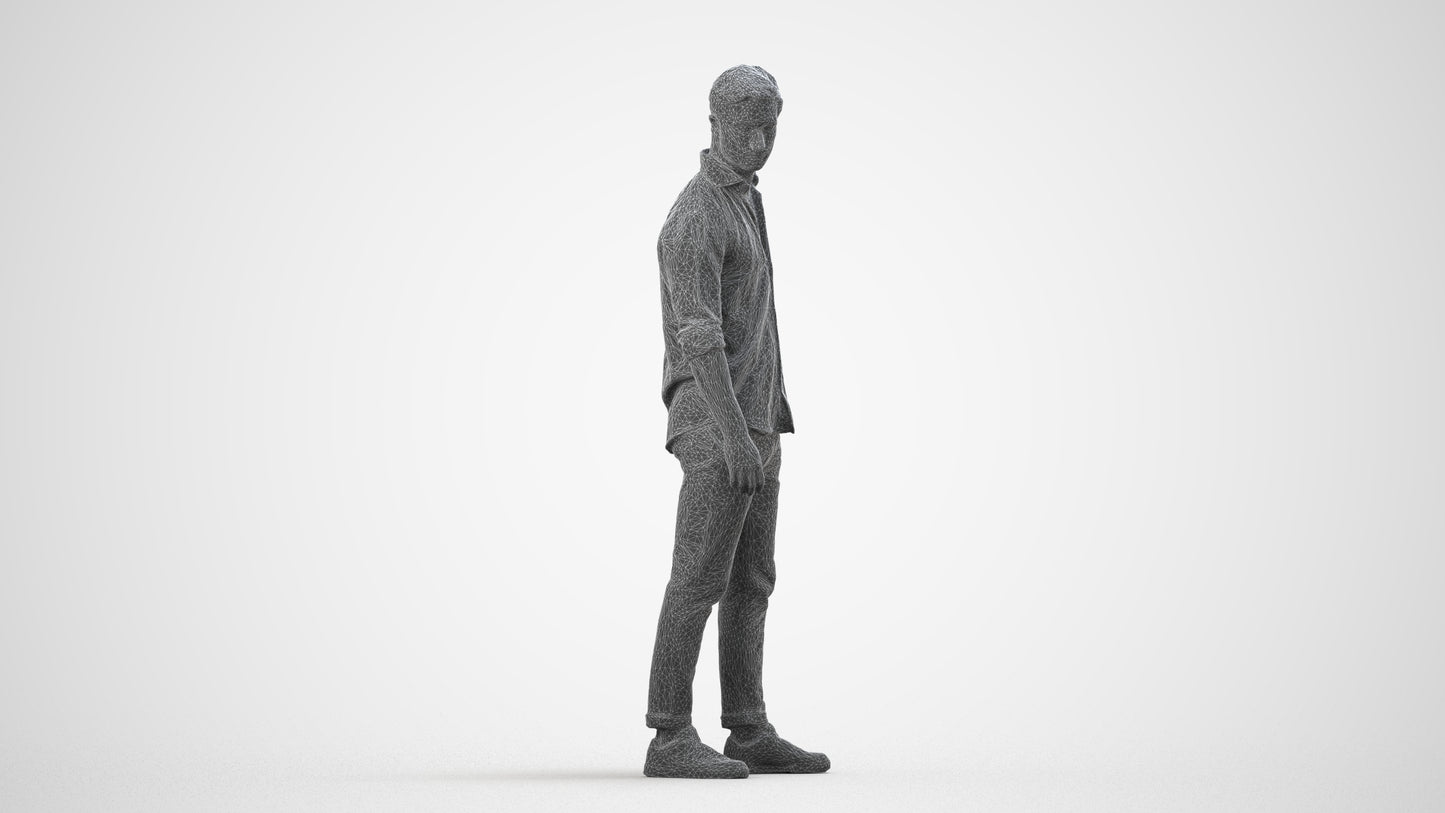 realistic 3D people man casual standing, render-ready for V-Ray and Corona, FBX OBJ, wireframe side view