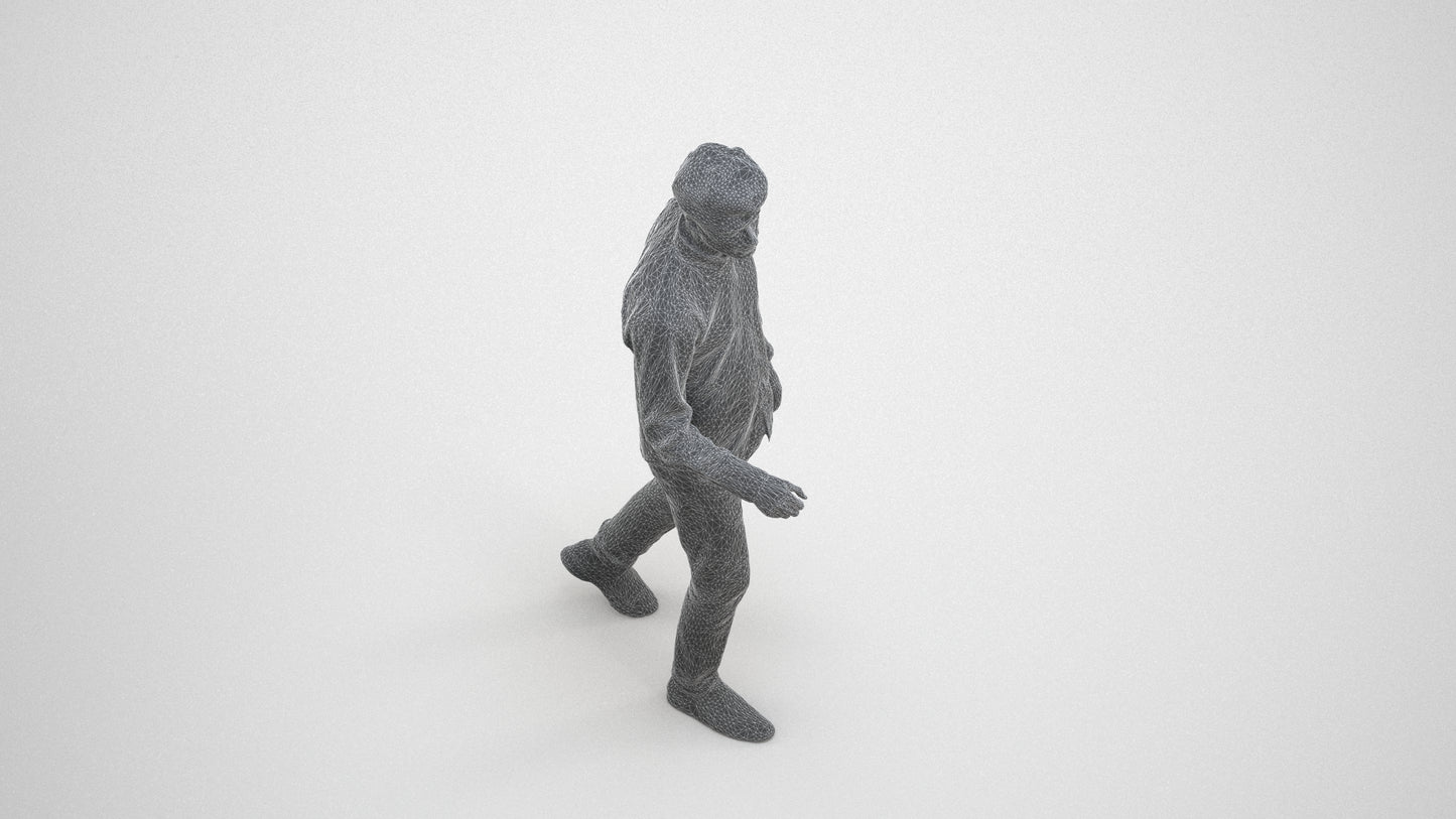 3D human model man casual walking, photogrammetry scanned person for archviz, wireframe three-quarter view