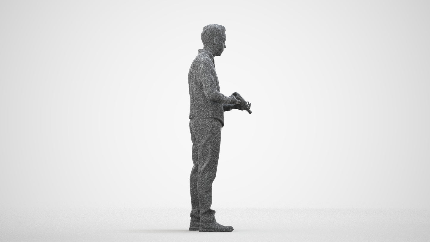 3D human model man hospitality, photogrammetry scanned person for archviz, wireframe side view