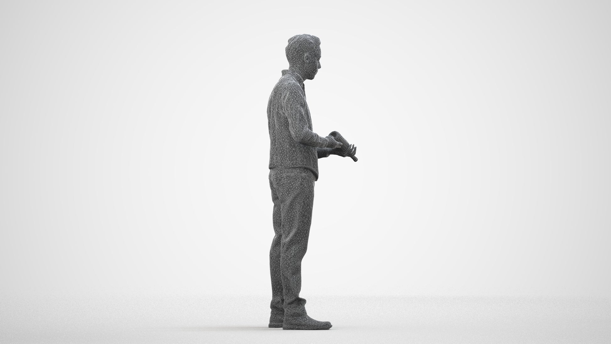 3D human model man hospitality, photogrammetry scanned person for archviz, wireframe side view
