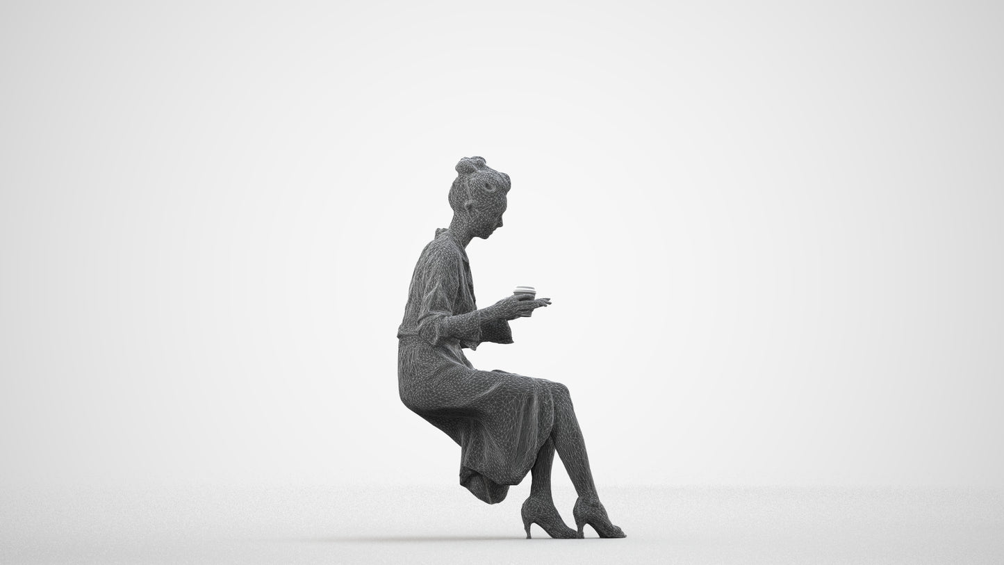 realistic 3D people woman casual sitting, render-ready for V-Ray and Corona, FBX OBJ, wireframe side view