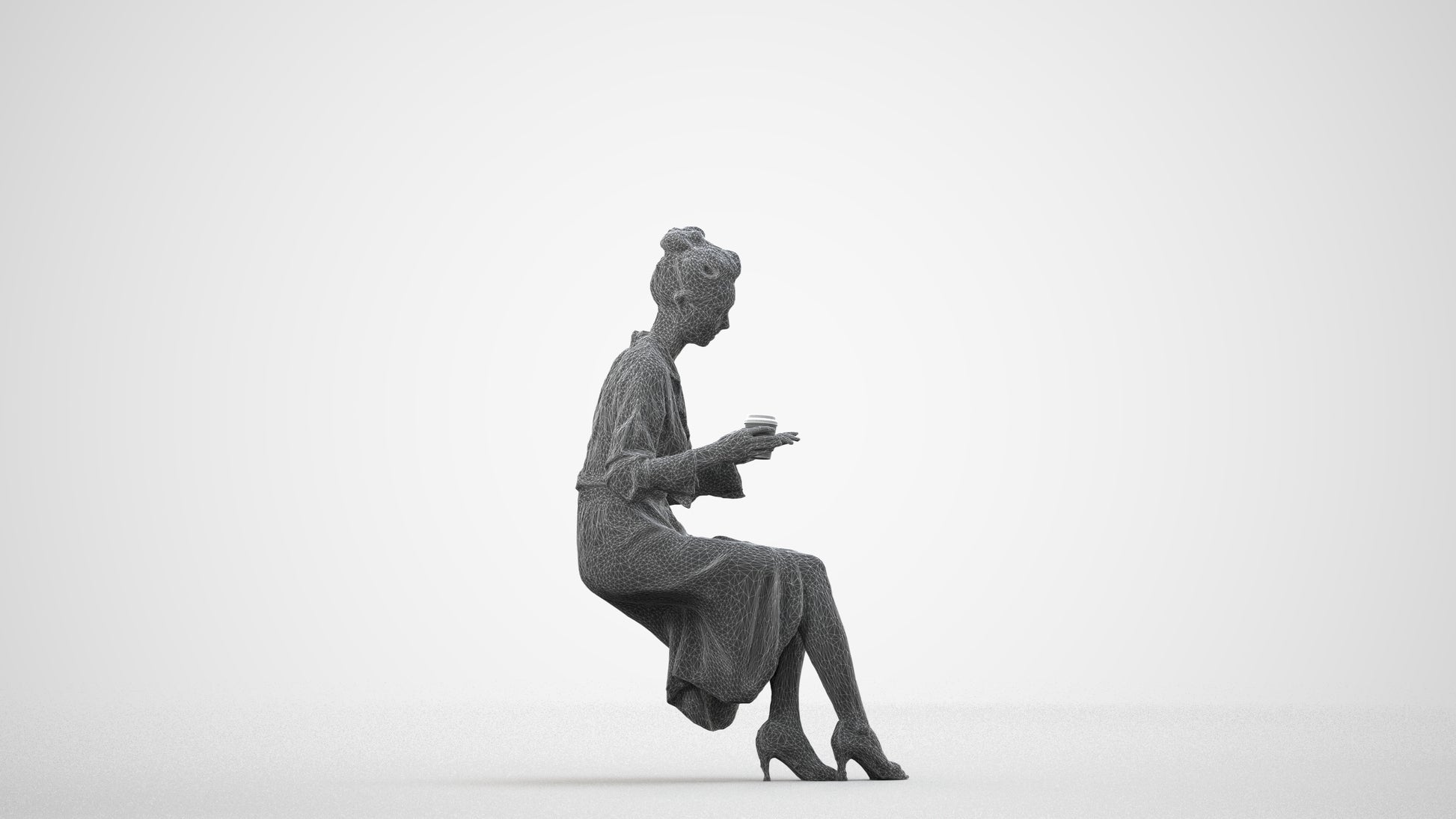realistic 3D people woman casual sitting, render-ready for V-Ray and Corona, FBX OBJ, wireframe side view