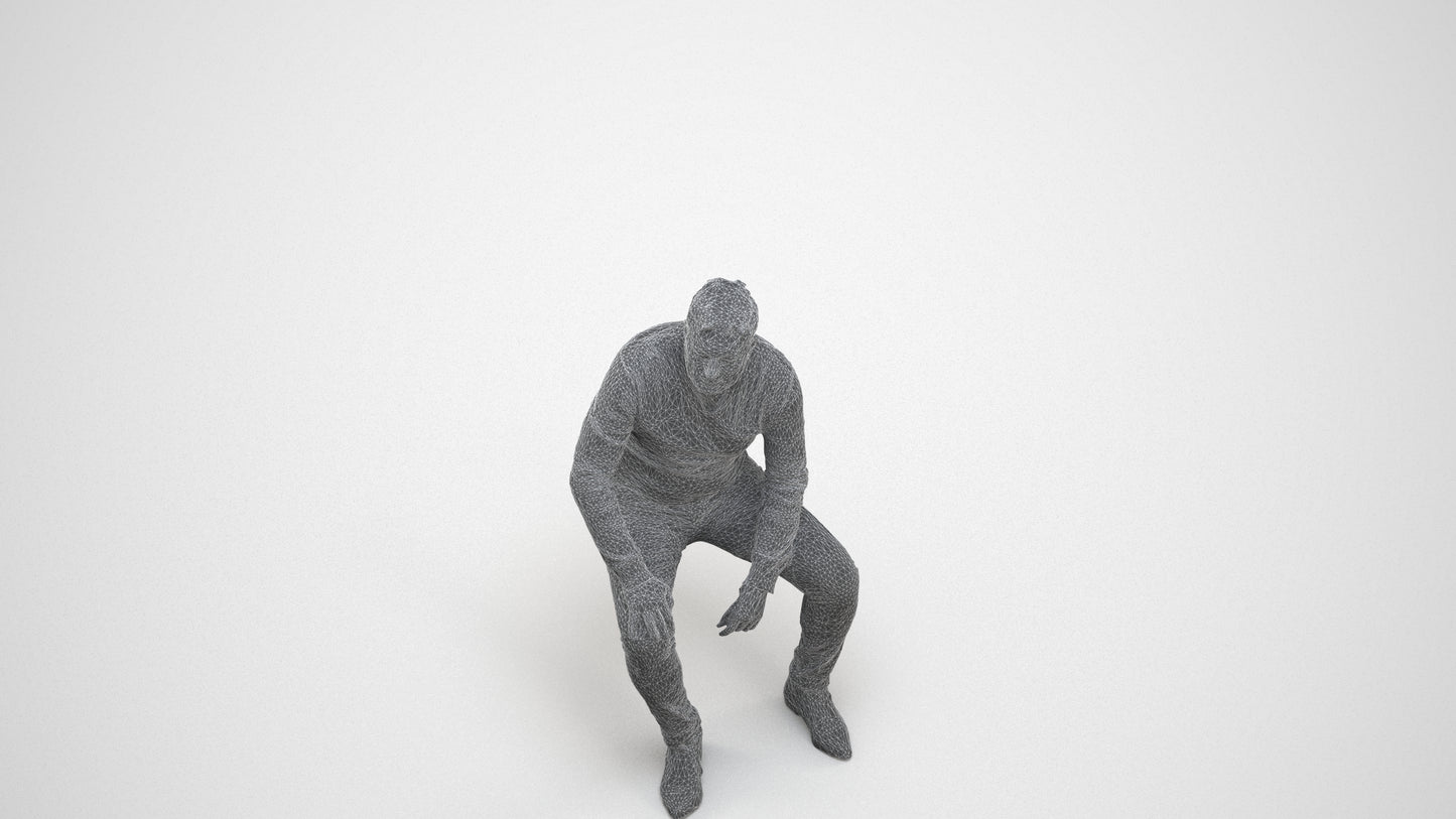 3D human model man casual sitting, photogrammetry scanned person for archviz, wireframe three-quarter view
