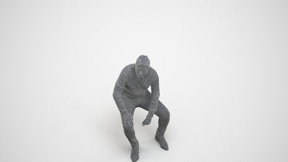 3D human model man casual sitting, photogrammetry scanned person for archviz, wireframe three-quarter view