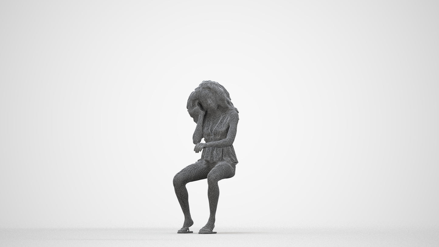scanned 3D woman casual sitting, photogrammetry people for Enscape and V-Ray, wireframe back view
