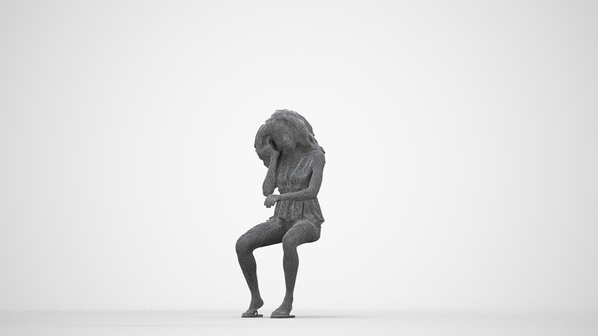 scanned 3D woman casual sitting, photogrammetry people for Enscape and V-Ray, wireframe back view