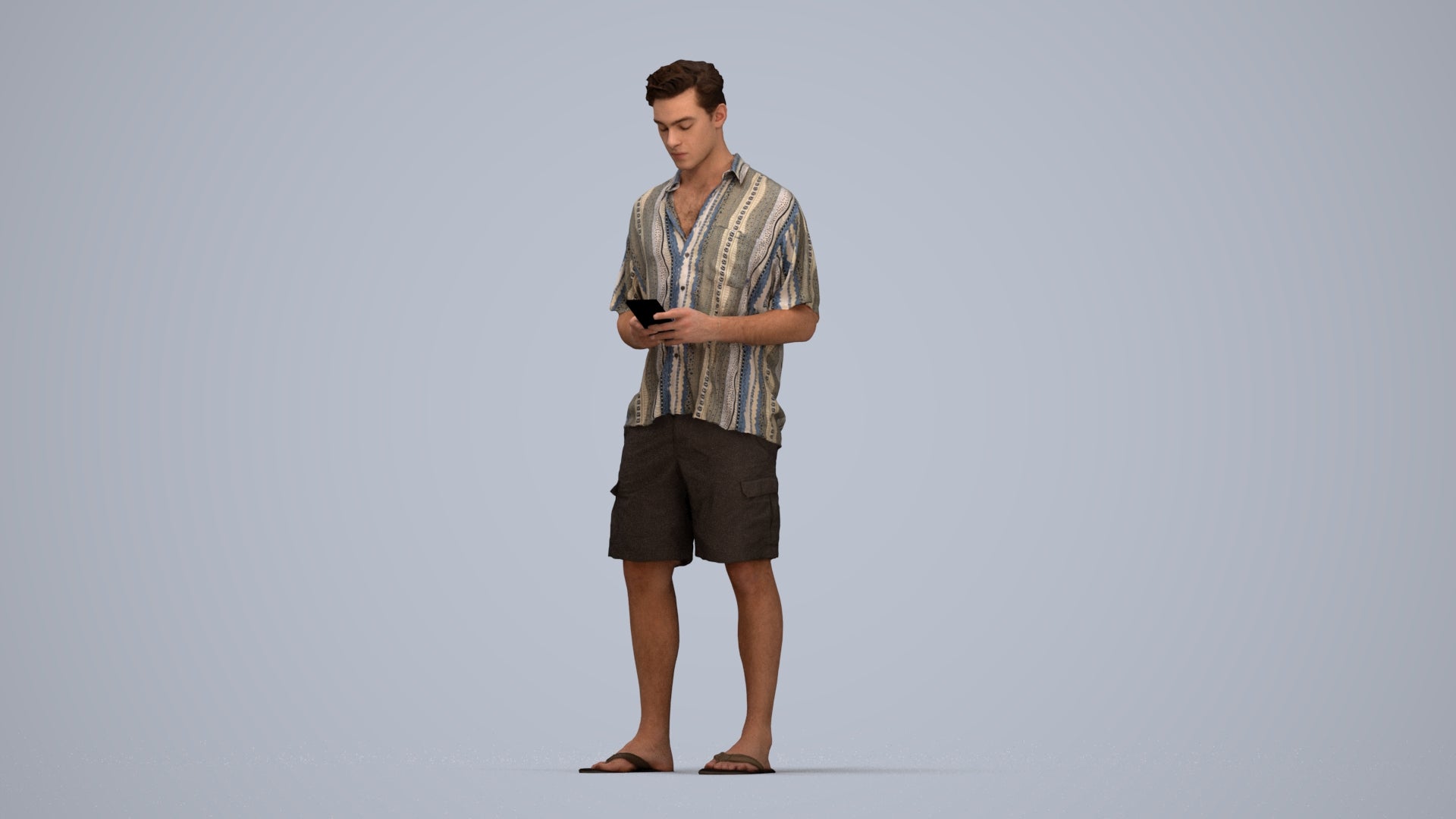3D human model man casual standing, photogrammetry scanned person for archviz, top-down view render