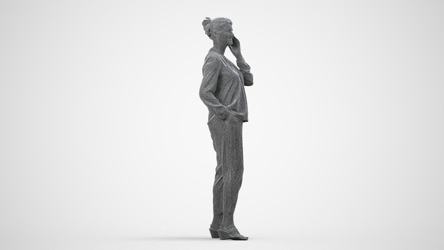 3D people model woman casual standing, scanned human for 3ds Max rendering, wireframe side view