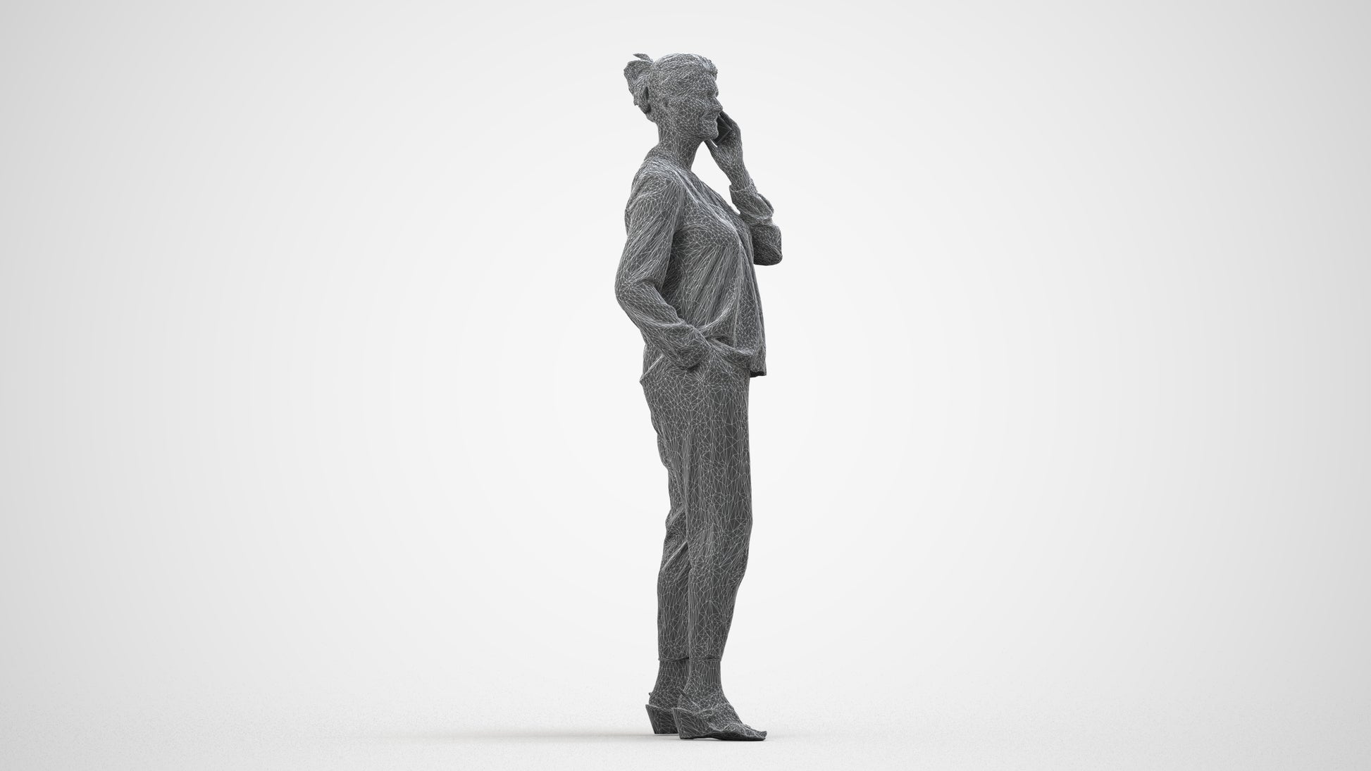 3D people model woman casual standing, scanned human for 3ds Max rendering, wireframe side view