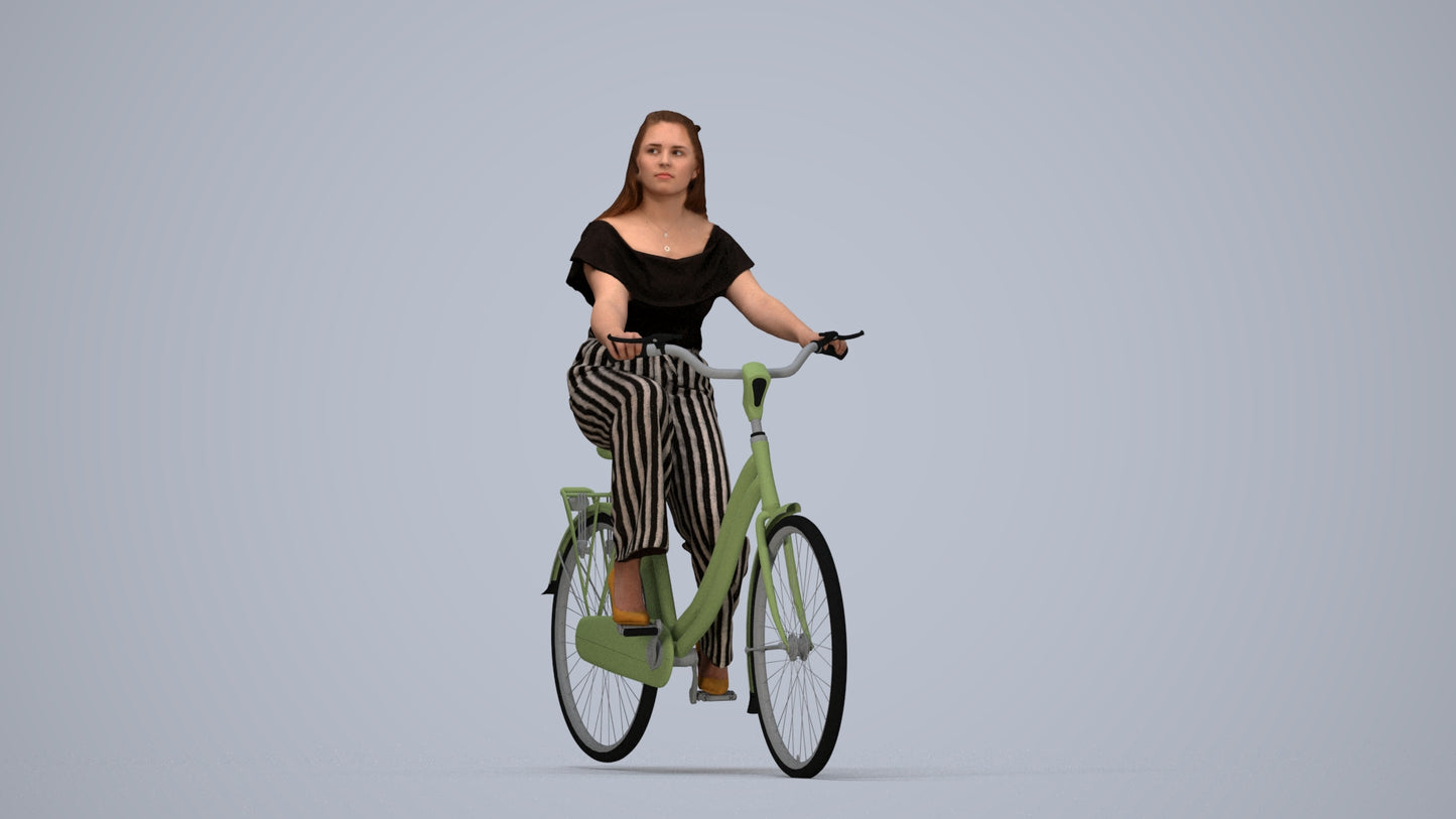 photogrammetry 3D woman casual cycling, realistic human model archviz FBX, top-down view render