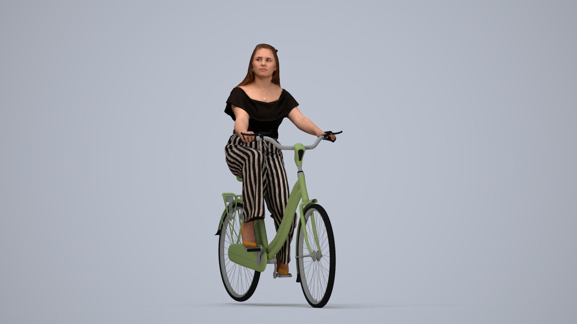photogrammetry 3D woman casual cycling, realistic human model archviz FBX, top-down view render