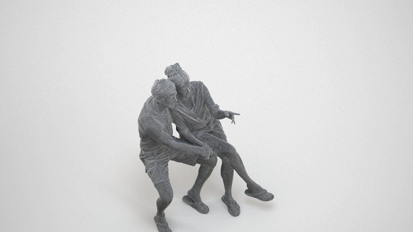 3D human model woman casual couple, photogrammetry scanned person for archviz, wireframe three-quarter view