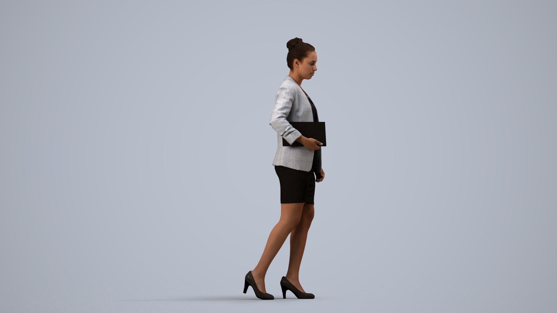 3D human model woman business, photogrammetry scanned person for archviz, side view render
