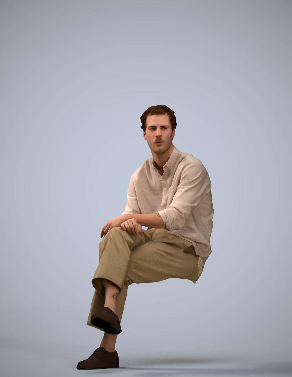 3D scanned man sitting casual, photorealistic archviz people for Enscape and SketchUp