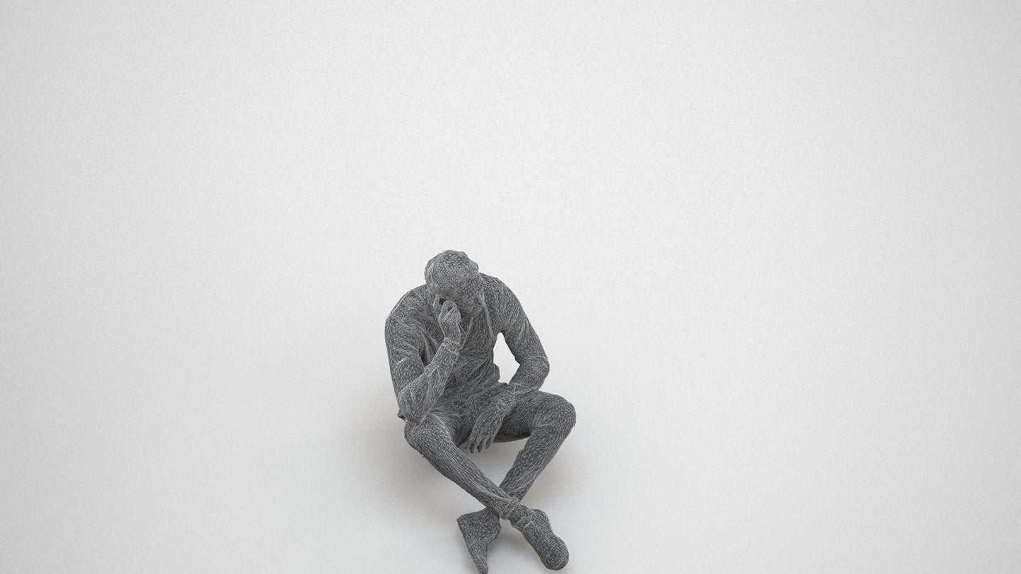 3D scanned man sitting casual, photorealistic archviz people for Enscape and SketchUp, wireframe three-quarter view