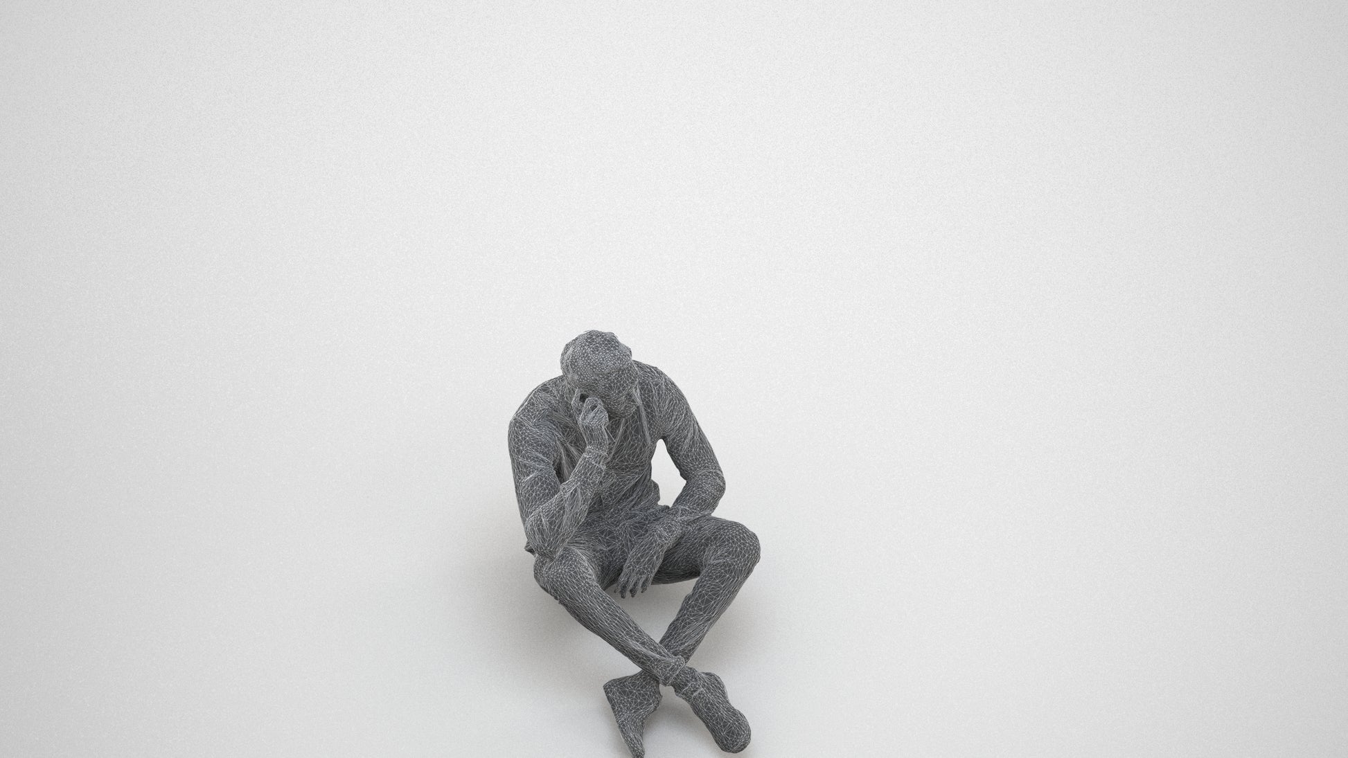 3D scanned man sitting casual, photorealistic archviz people for Enscape and SketchUp, wireframe three-quarter view