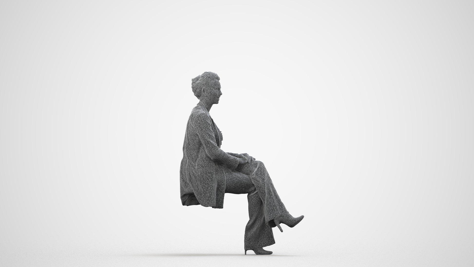 realistic 3D woman business sitting, scanned archviz people for Blender and 3ds Max, wireframe side view