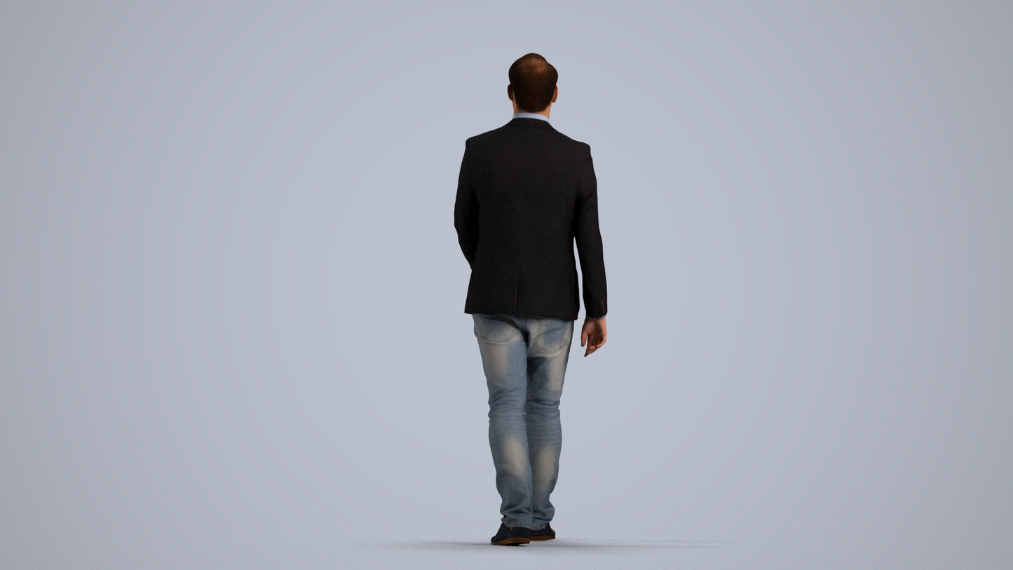 3D human model man business walking, photogrammetry scanned person for archviz, front view render