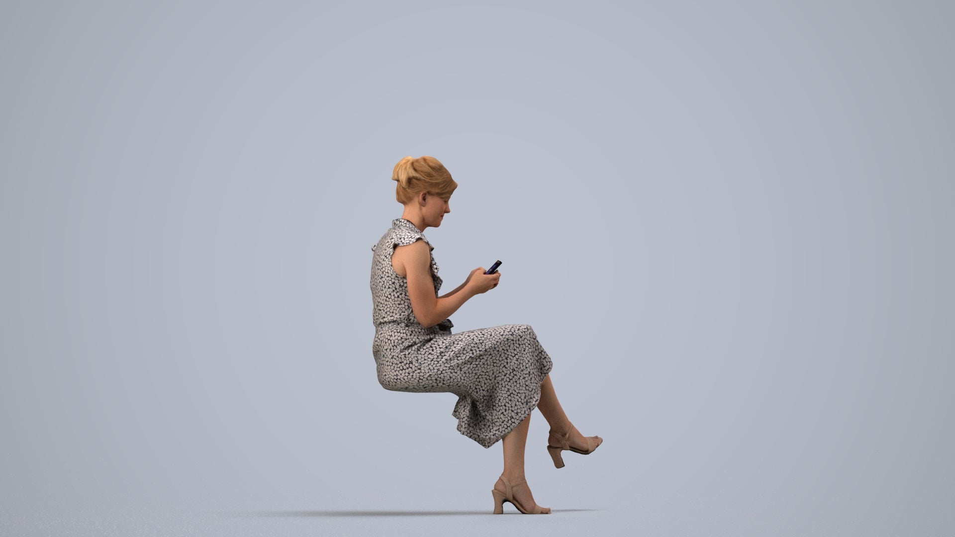 realistic 3D people woman casual sitting, render-ready for V-Ray and Corona, FBX OBJ, side view render