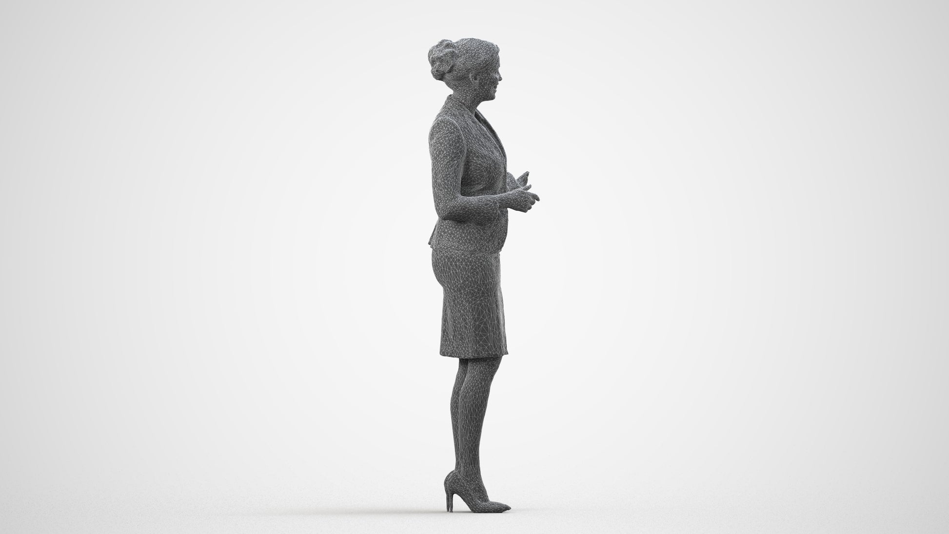 photogrammetry 3D woman hospitality, realistic human model archviz FBX, wireframe side view