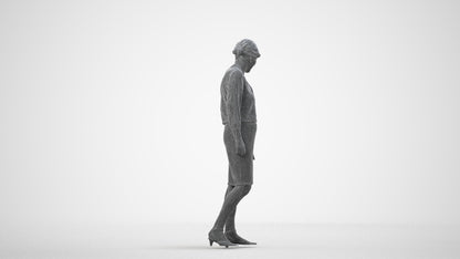 3D human model senior woman business standing, photogrammetry scanned person for archviz, wireframe side view