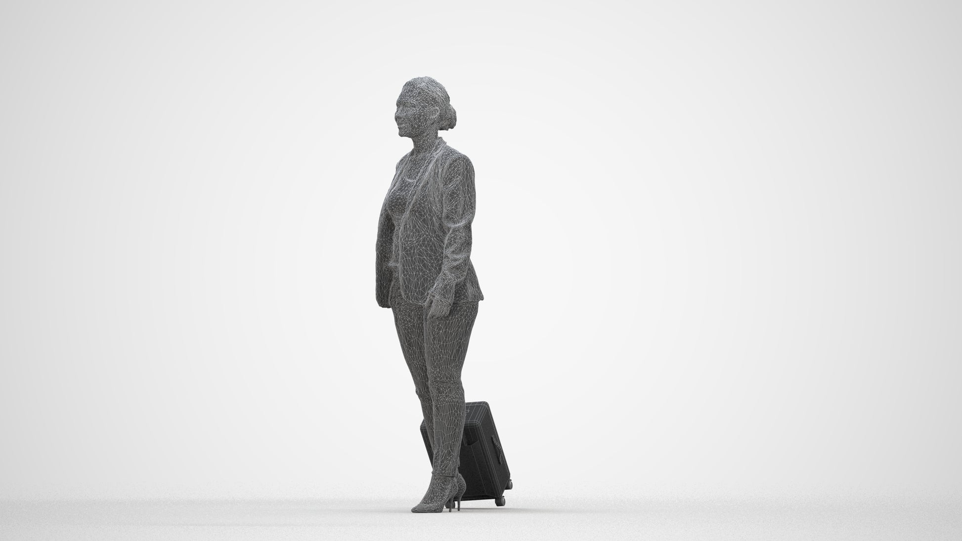 3D scanned woman walking business, photorealistic archviz people for Enscape and SketchUp, wireframe back view