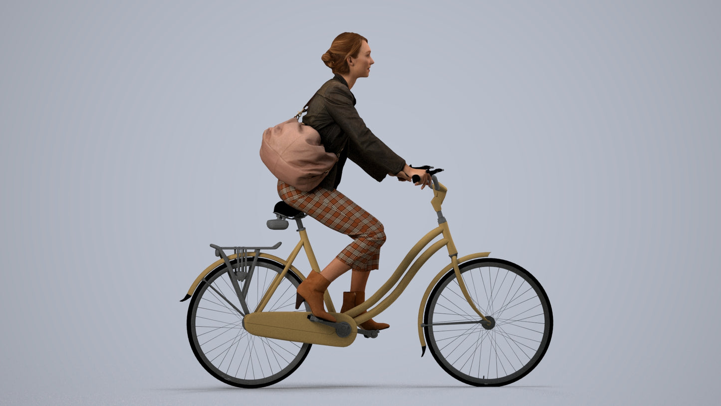 photogrammetry 3D woman business cycling, realistic human model archviz FBX, side view render