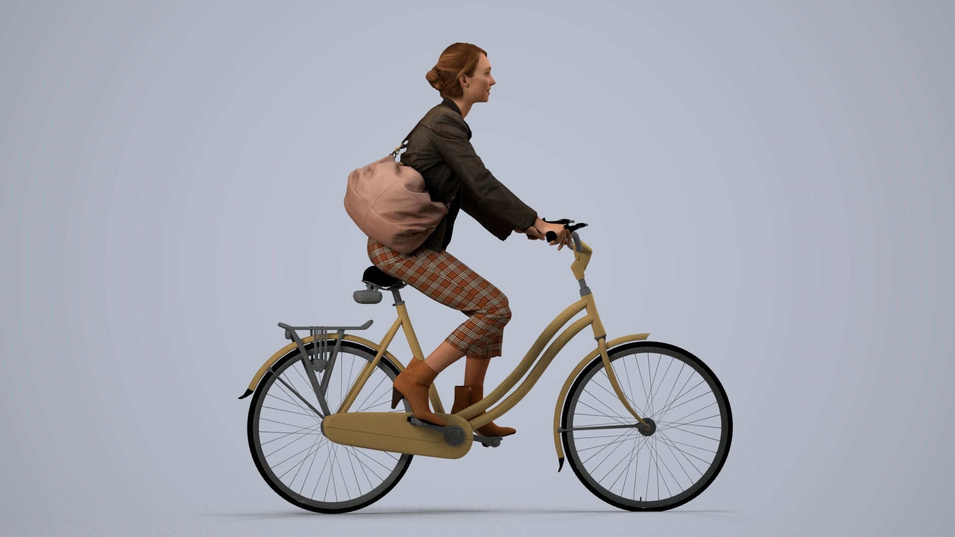 photogrammetry 3D woman business cycling, realistic human model archviz FBX, side view render