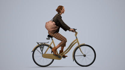 photogrammetry 3D woman business cycling, realistic human model archviz FBX, side view render
