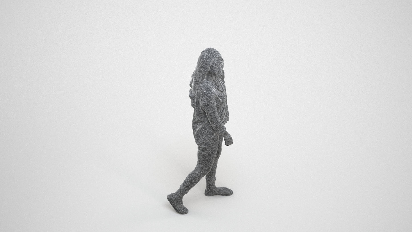 realistic 3D human woman casual walking, archviz people FBX OBJ for Blender, wireframe three-quarter view