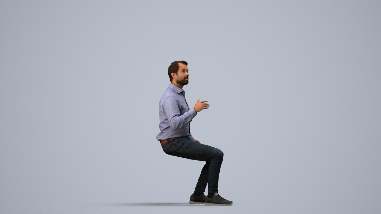 realistic 3D man business sitting, scanned archviz people for Blender and 3ds Max, side view render