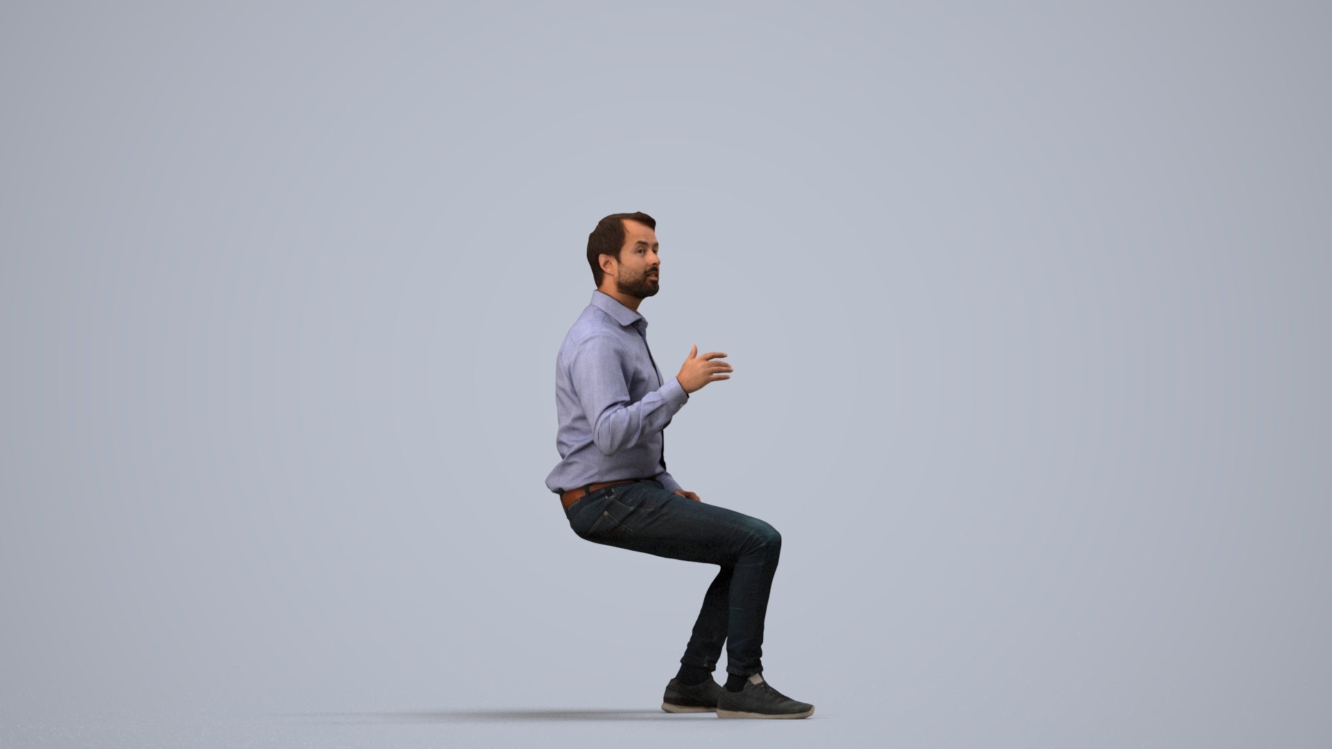 realistic 3D man business sitting, scanned archviz people for Blender and 3ds Max, side view render
