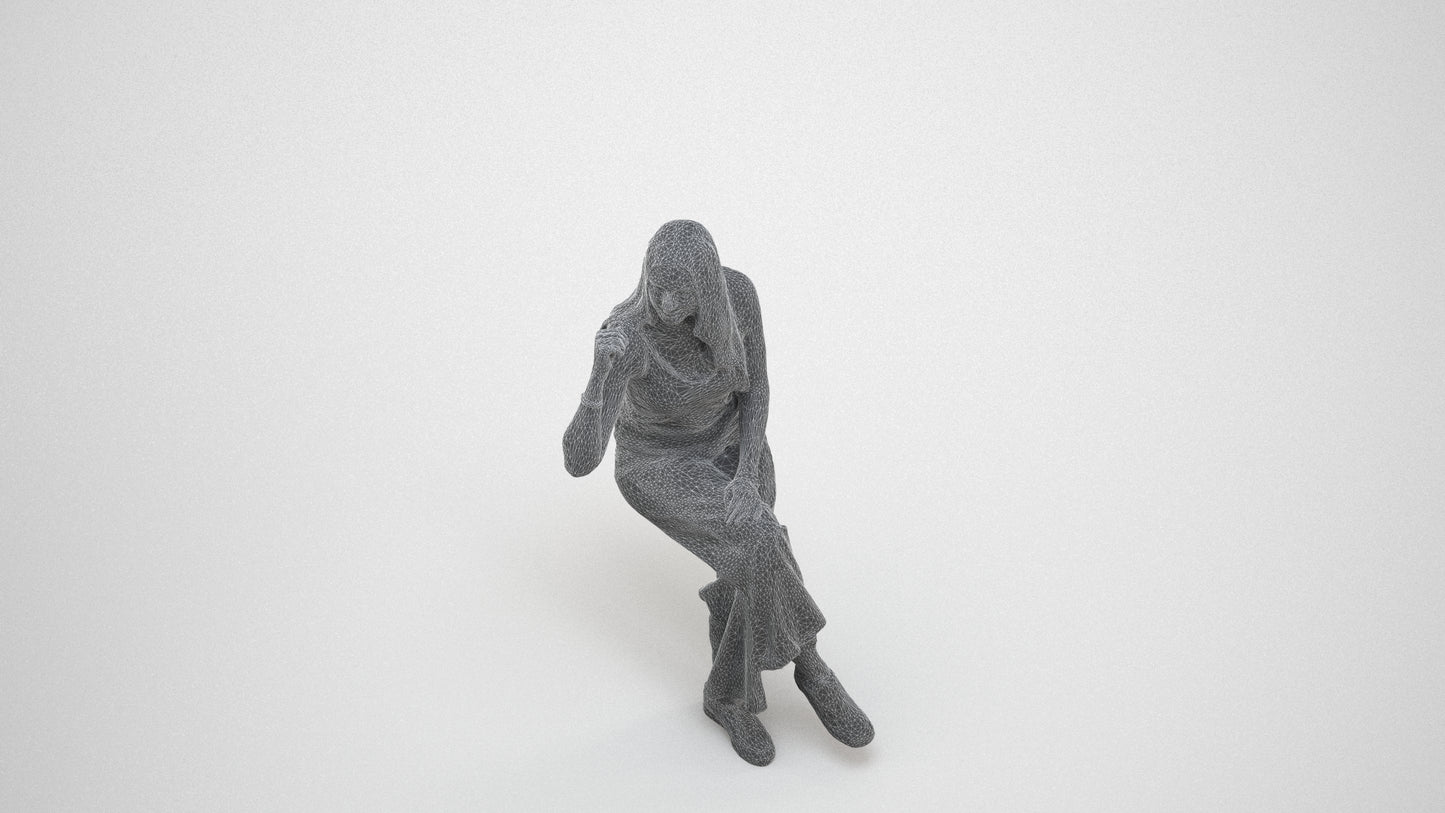 3D people model woman casual sitting, scanned human for 3ds Max rendering, wireframe three-quarter view