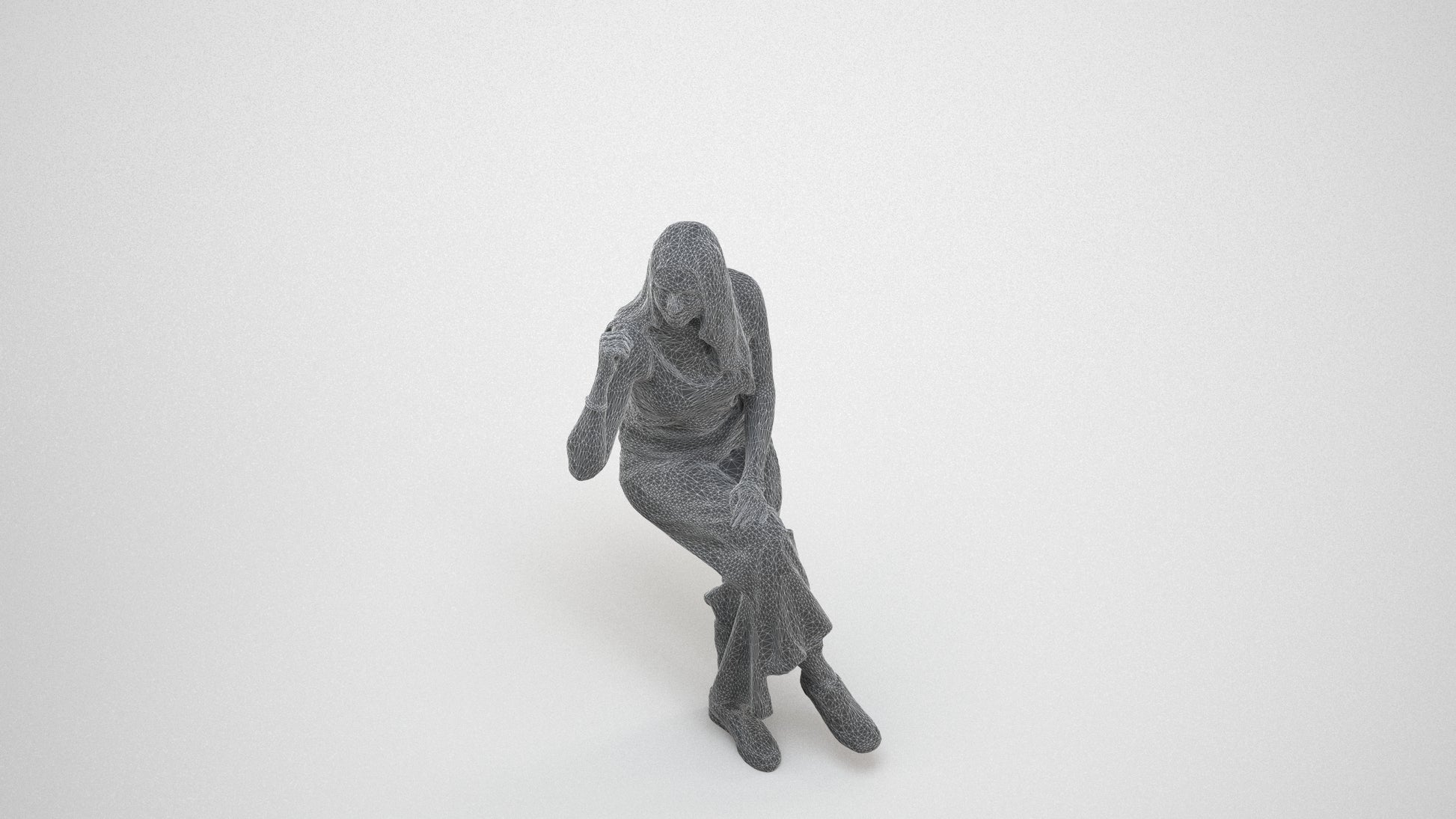 3D people model woman casual sitting, scanned human for 3ds Max rendering, wireframe three-quarter view