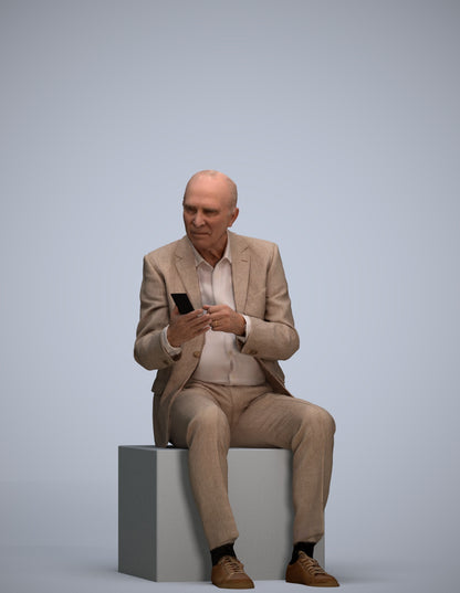 realistic 3D senior man business sitting, scanned archviz people for Blender and 3ds Max