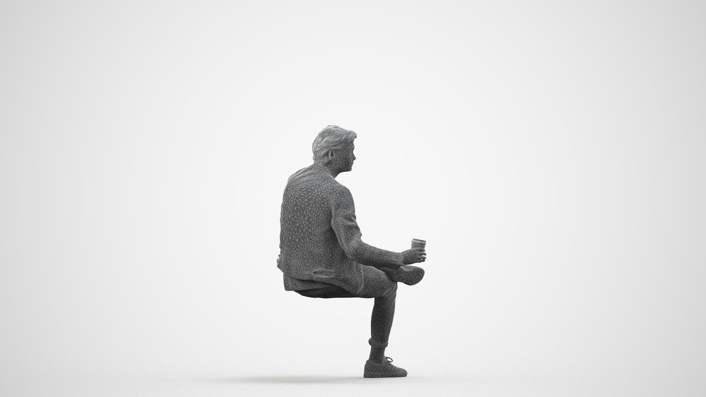 realistic 3D people man casual sitting, render-ready for V-Ray and Corona, FBX OBJ, wireframe side view