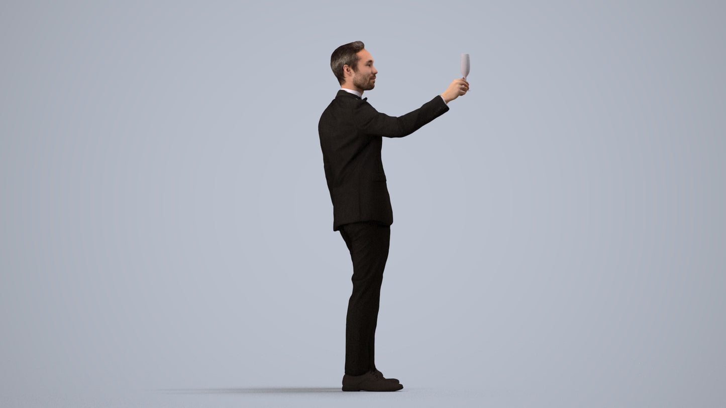 3D human model man formal cycling, photogrammetry scanned person for archviz, side view render