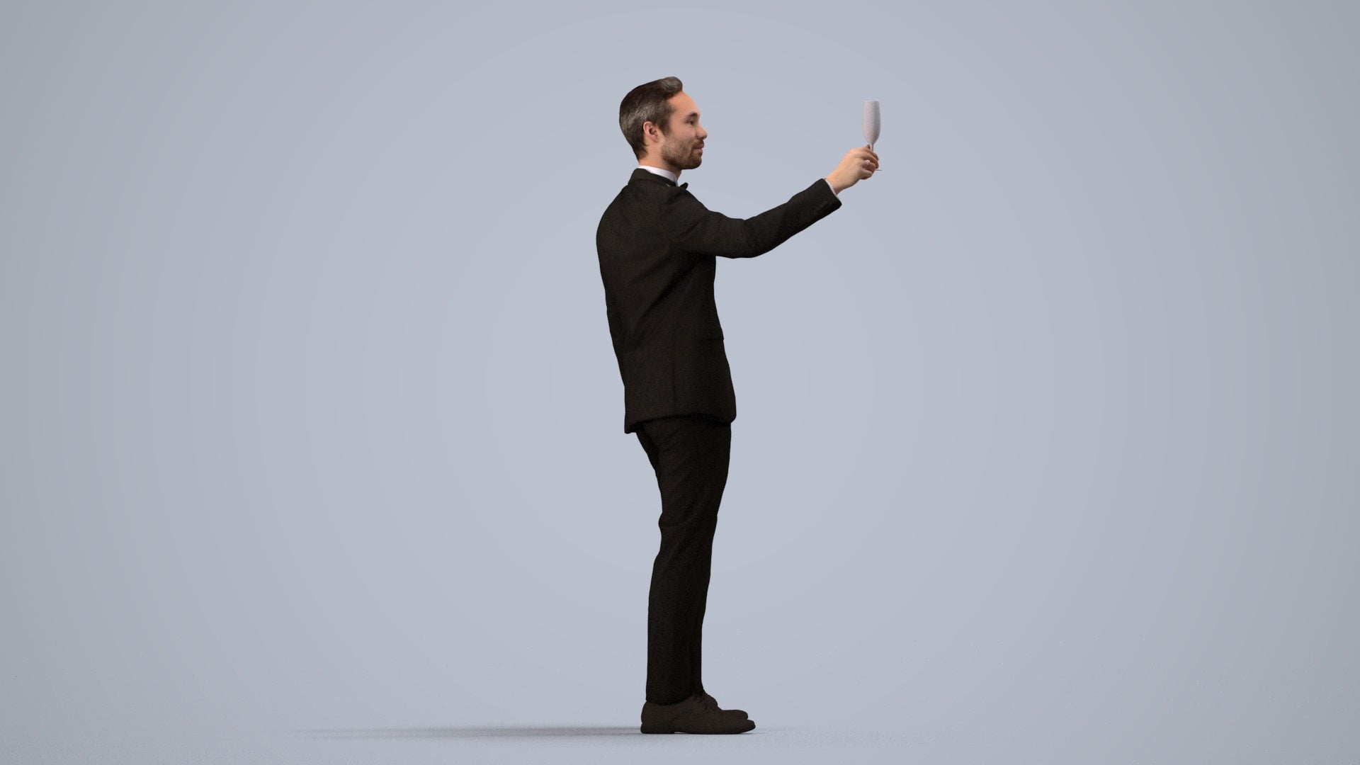 3D human model man formal cycling, photogrammetry scanned person for archviz, side view render