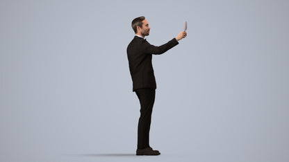 3D human model man formal cycling, photogrammetry scanned person for archviz, side view render