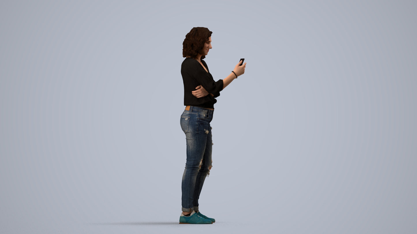 3D human model woman casual standing, photogrammetry scanned person for archviz, side view render