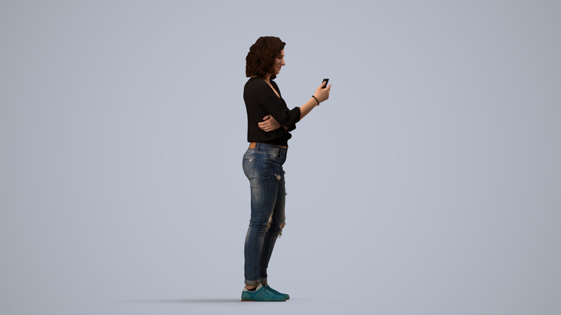 3D human model woman casual standing, photogrammetry scanned person for archviz, side view render