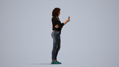3D human model woman casual standing, photogrammetry scanned person for archviz, side view render