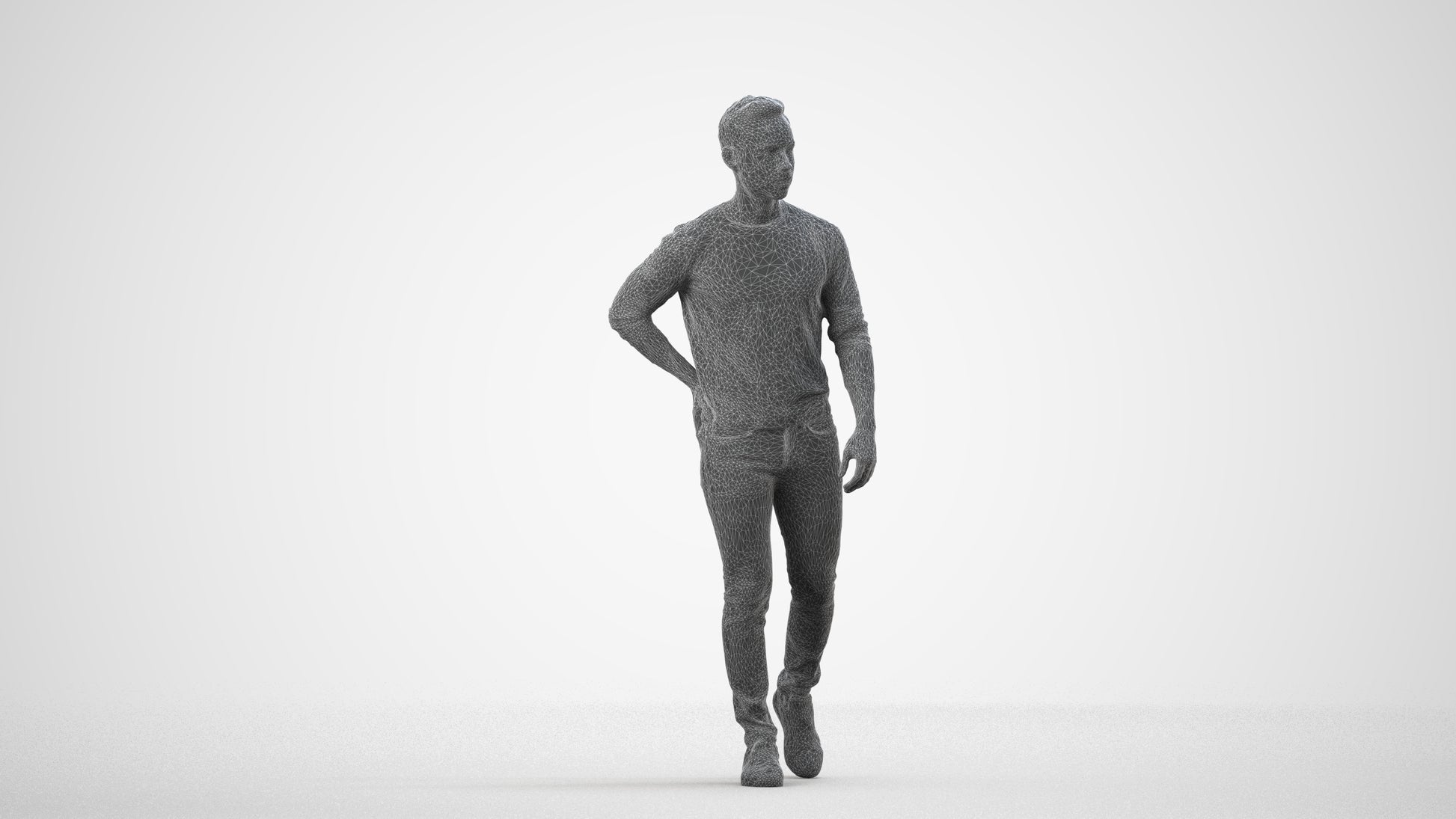 3D human model man casual walking, photogrammetry scanned person for archviz, wireframe side view