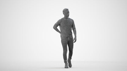 3D human model man casual walking, photogrammetry scanned person for archviz, wireframe side view