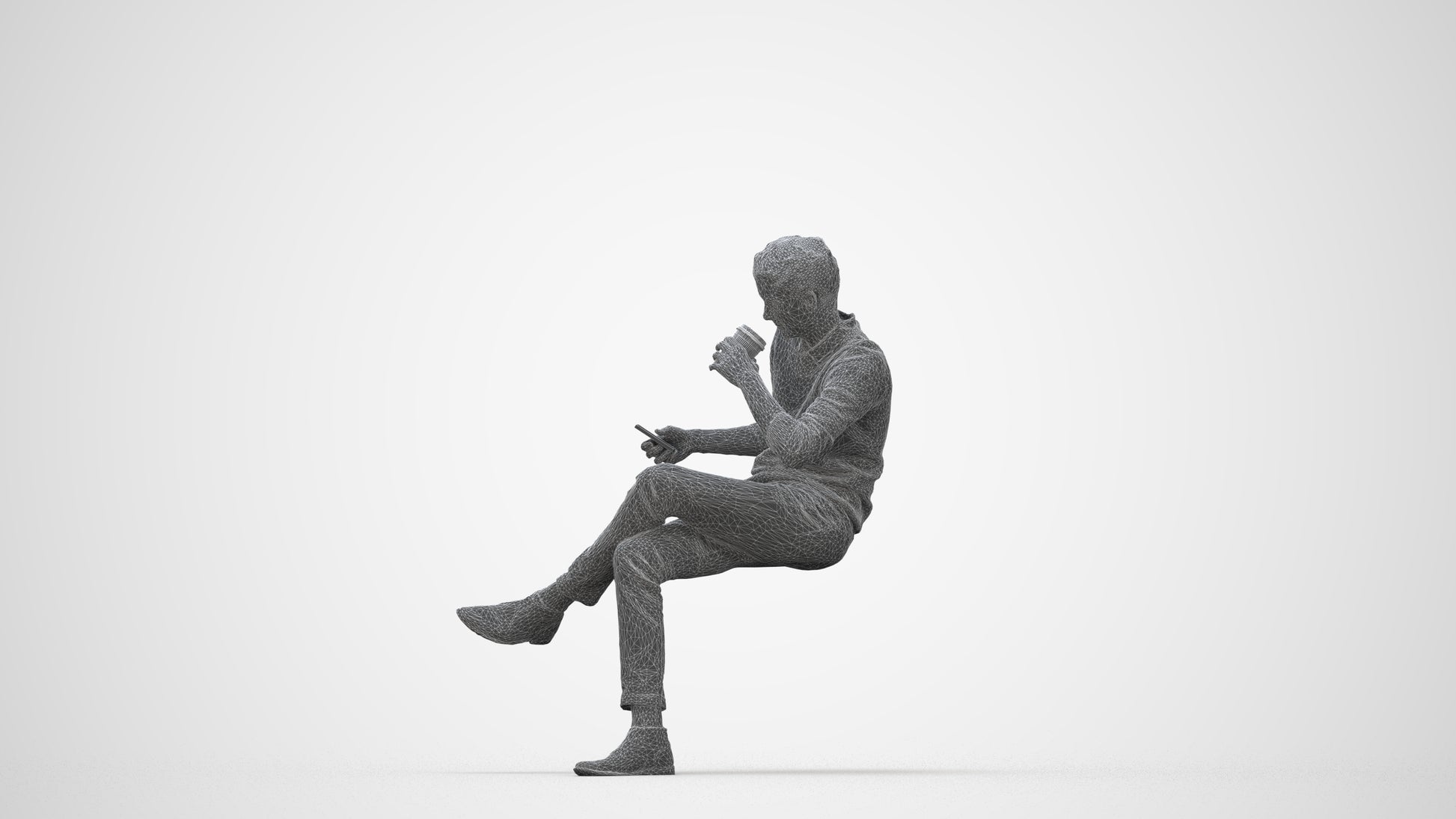 photogrammetry 3D man casual sitting, realistic human model archviz FBX, wireframe back view