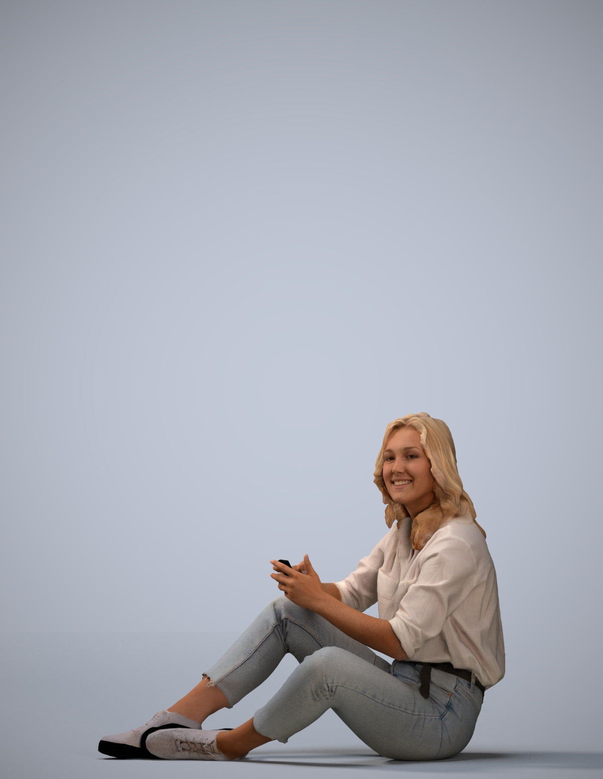 3D human model woman casual sitting, photogrammetry scanned person for archviz