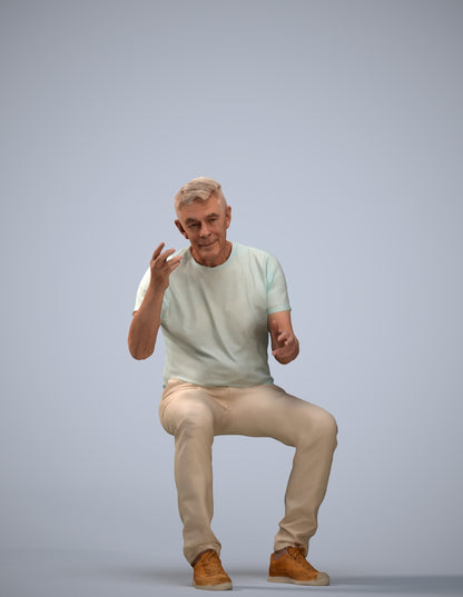 3D human model senior man casual sitting, photogrammetry scanned person for archviz
