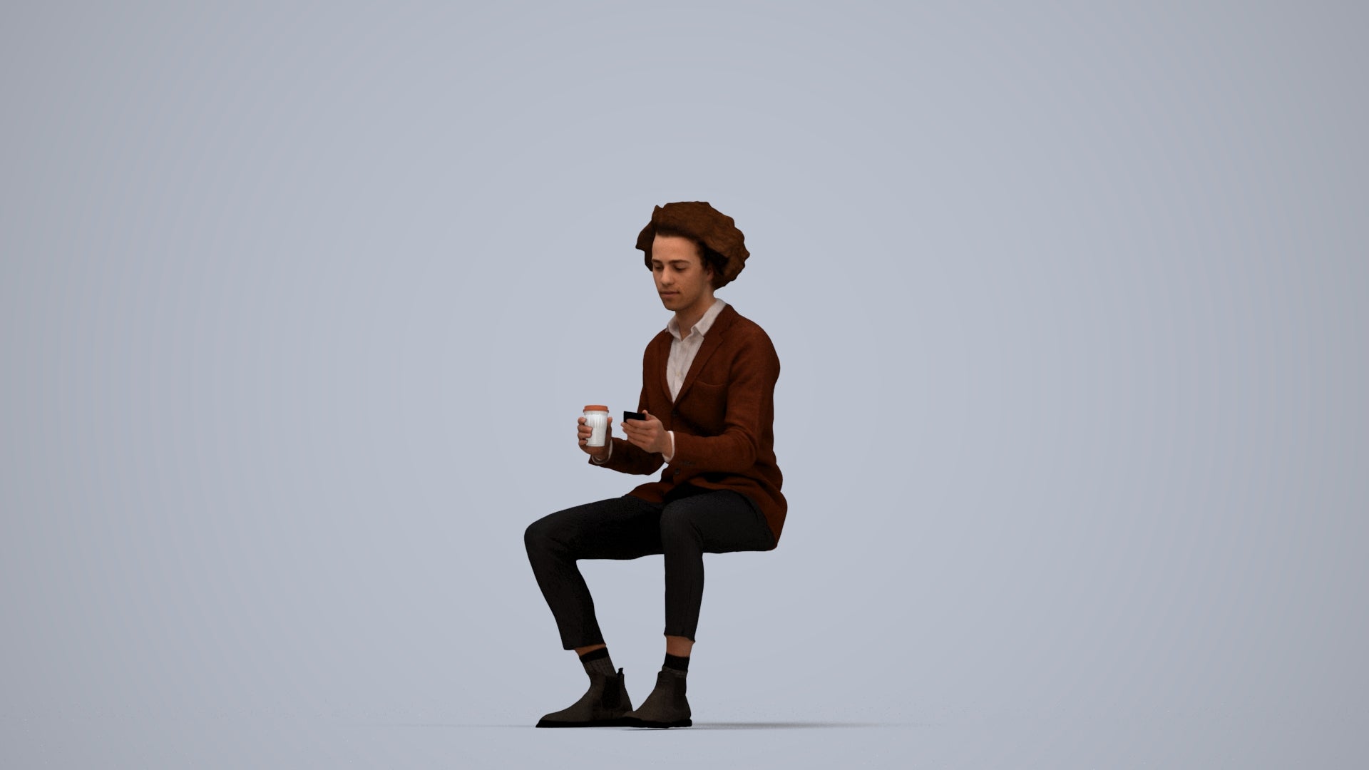 realistic 3D people man business sitting, render-ready for V-Ray and Corona, FBX OBJ, top-down view render