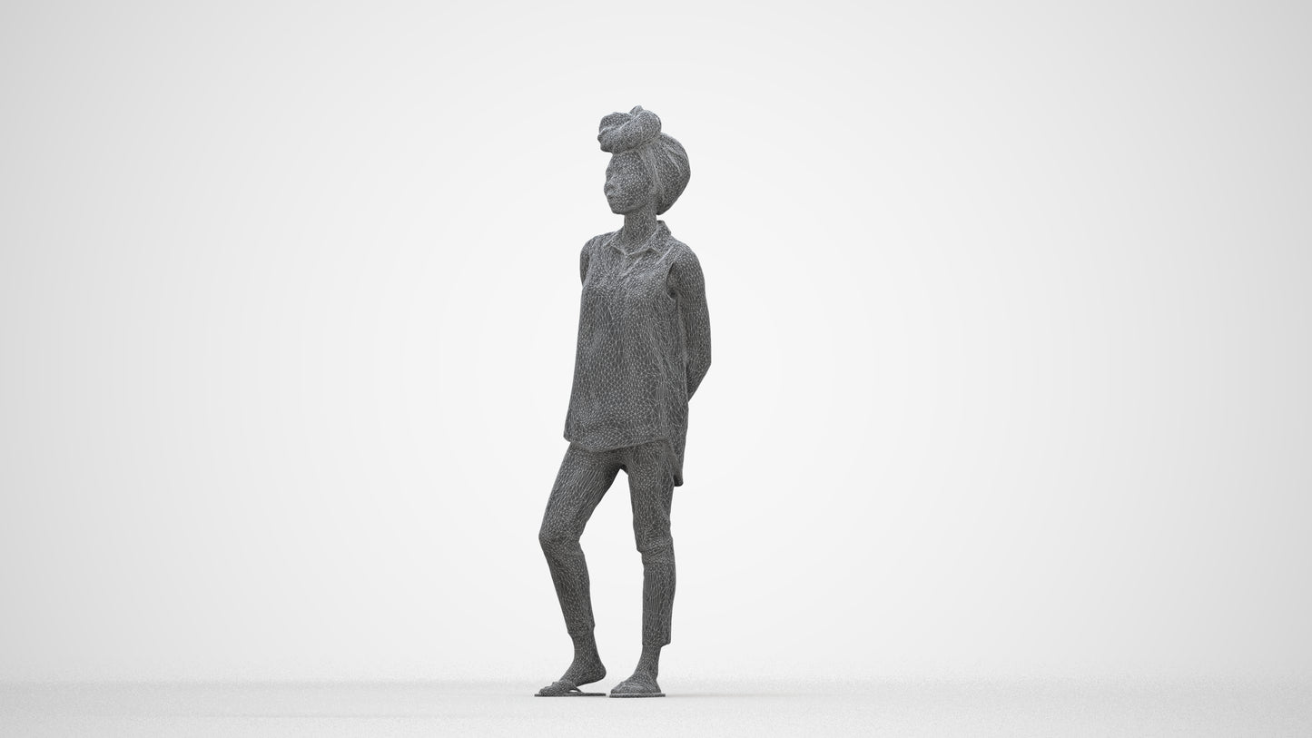 3D human model woman casual standing, photogrammetry scanned person for archviz, wireframe back view