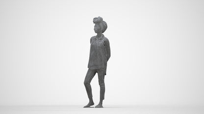 3D human model woman casual standing, photogrammetry scanned person for archviz, wireframe back view